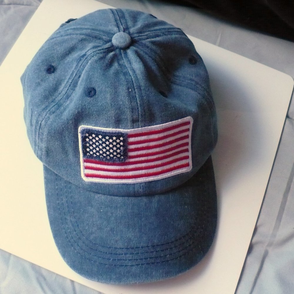 ❤️ USA Baseball Cap Blue Denim Embroidered Hat With American Flag Adjustable